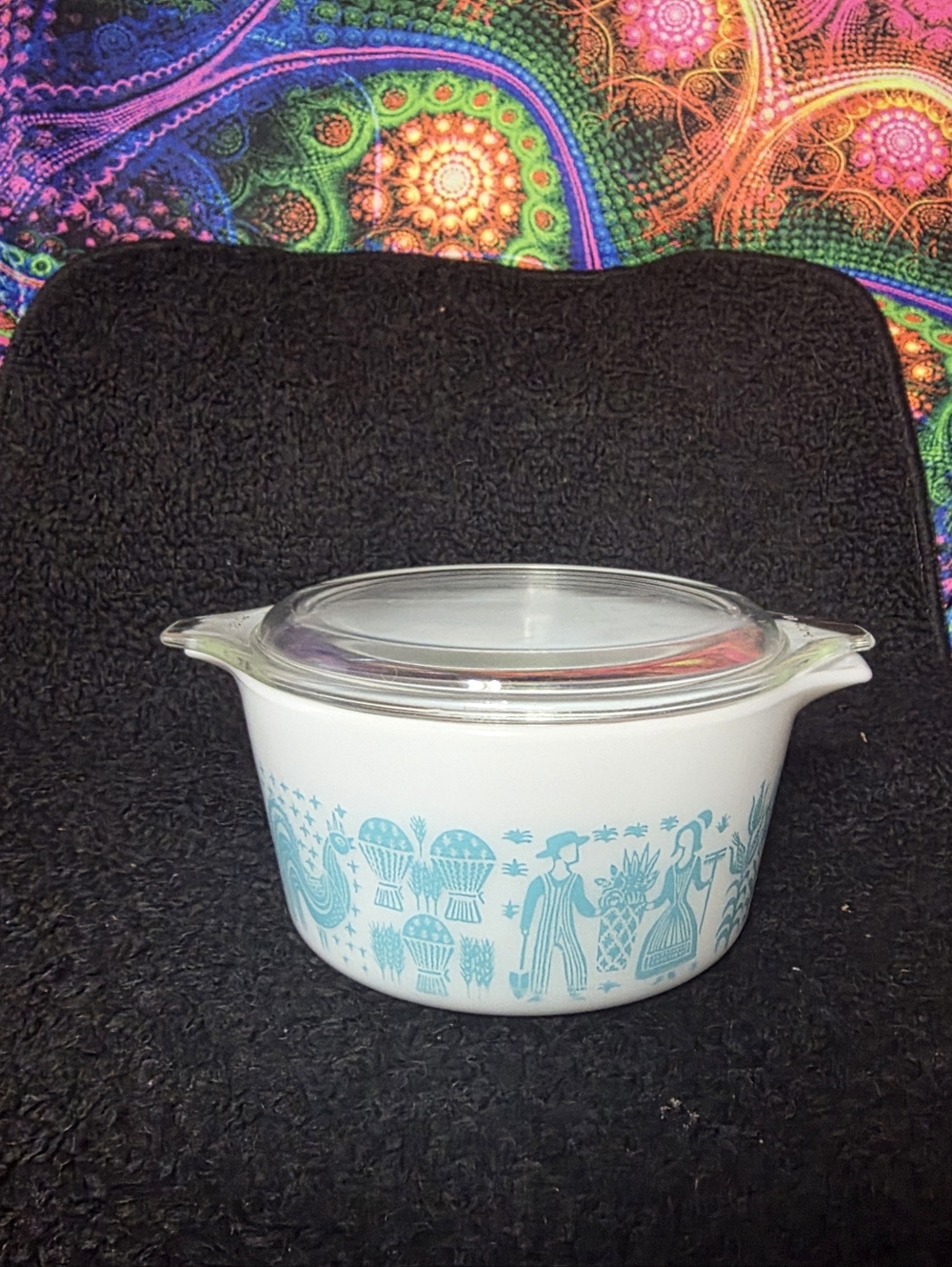 Pyrex White & Turquoise Folk Pattern Covered Casserole